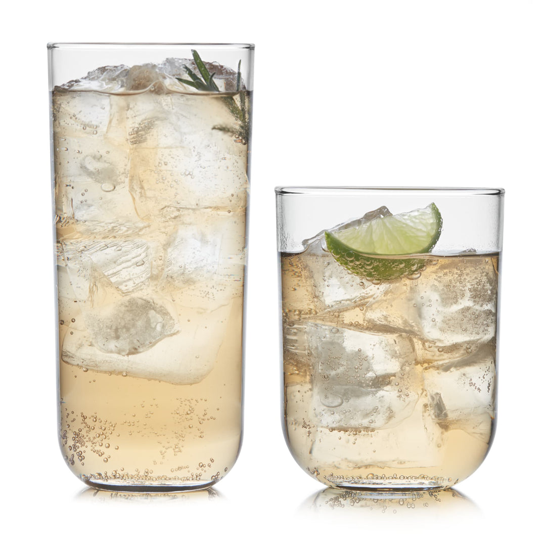 Sophisticated and versatile 16-piece drinkware set perfect for styling a wide range of cocktails or for everyday refreshments including chilled water and soft drinks