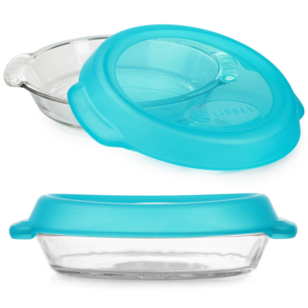 Libbey Baker’s Premium Glass Pie Dish Set of 2 with Lids, 9 Inch Round Baking Dishes, Stackable Bakeware with GreatGrip Handles, Durable Covered Pie Plates