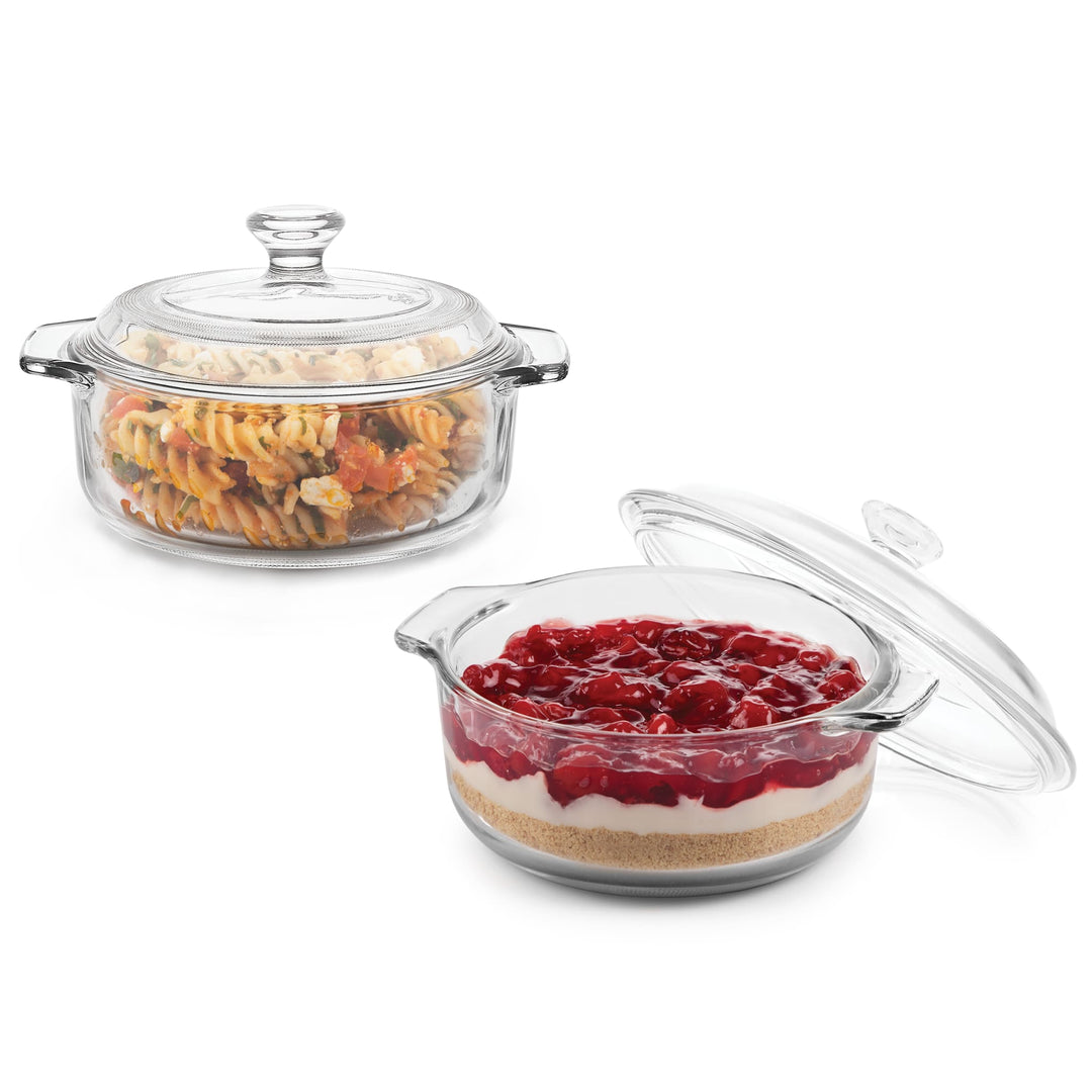 Revolutionary glass construction makes this versatile, casserole dish set with glass covers safe for the oven, microwave, refrigerator, and freezer