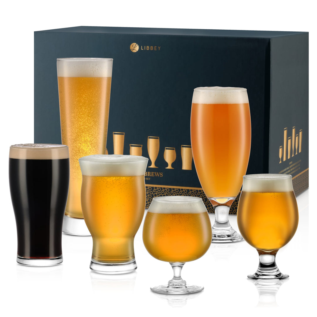 Complete 6‑piece assortment: Includes a sour (12 oz), wheat (16 oz), lager/pilsner (16 oz), stout (16 oz), high‑ABV (10 oz), and IPA (16.75 oz) glass.