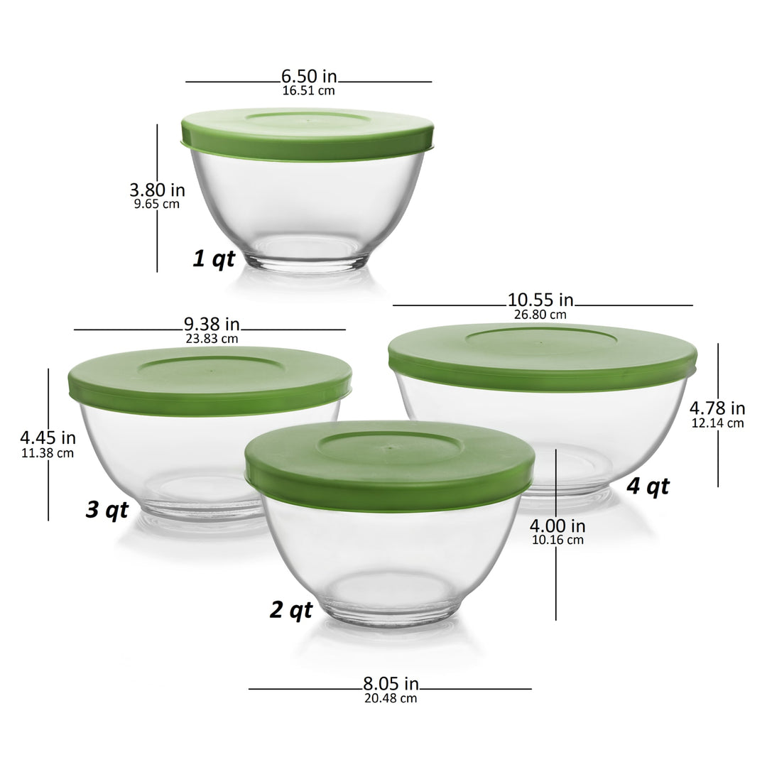 Libbey Baker's Basics 4 Piece Glass Mixing Bowl Set with Plastic Lids, Multi Size