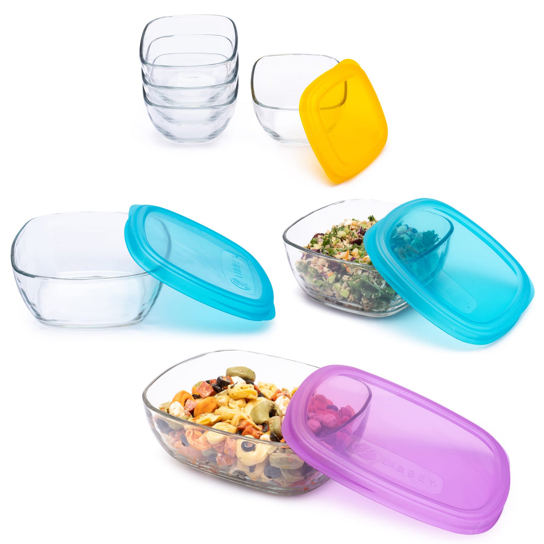 Includes four 2-cup bowls with yellow lids, two 6-cup bowls with blue lids, and one 8-cup bowl with a purple lid.