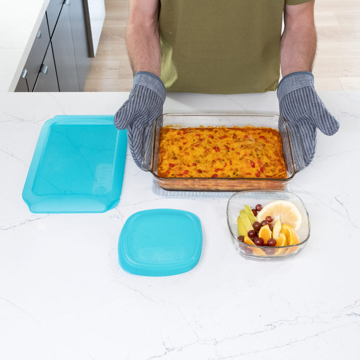 Blue plastic lids fit securely to help lock in freshness for storage or transport.