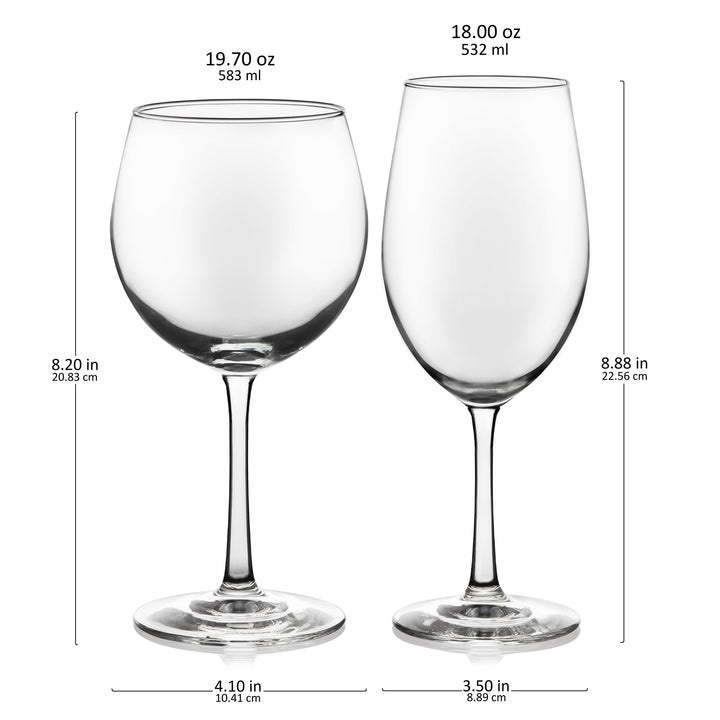 Includes 4, 19.7-ounce Merlot Bordeaux wine glasses (4.1-inch max diameter by 8.2 inches high) and 4, 18-ounce Chardonnay Chablis wine glasses (3.5-inch max diameter by 8.9 inches high)