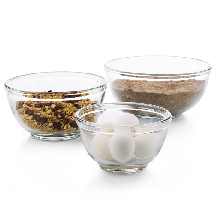 Innovative glass construction makes these versatile mixing bowls, available in small, medium, and large sizes, safe for the oven, microwave, refrigerator, and freezer