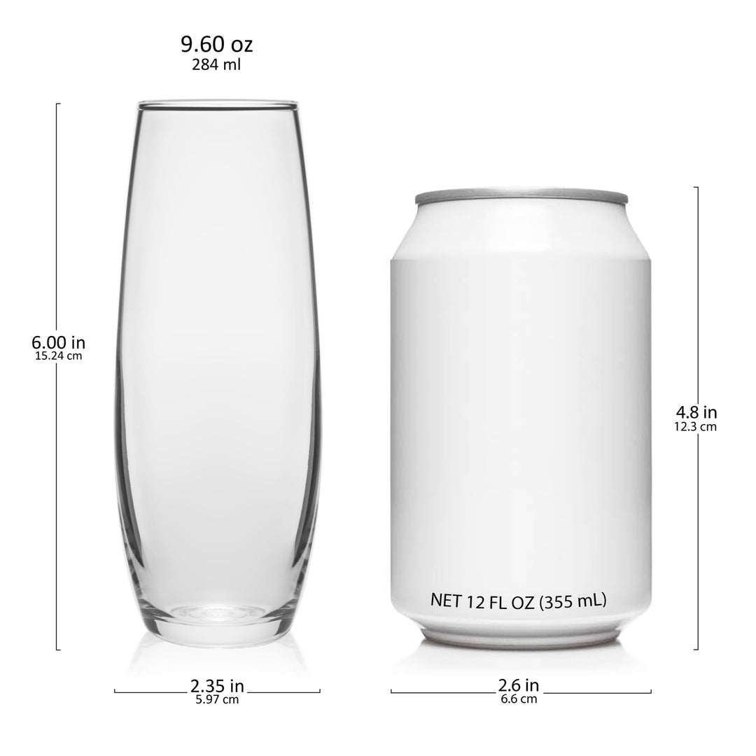 Includes six 9.6-ounce glasses (2.4-inch diameter x 6-inch height)