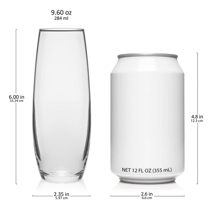 Includes six 9.6-ounce glasses (2.4-inch diameter x 6-inch height)