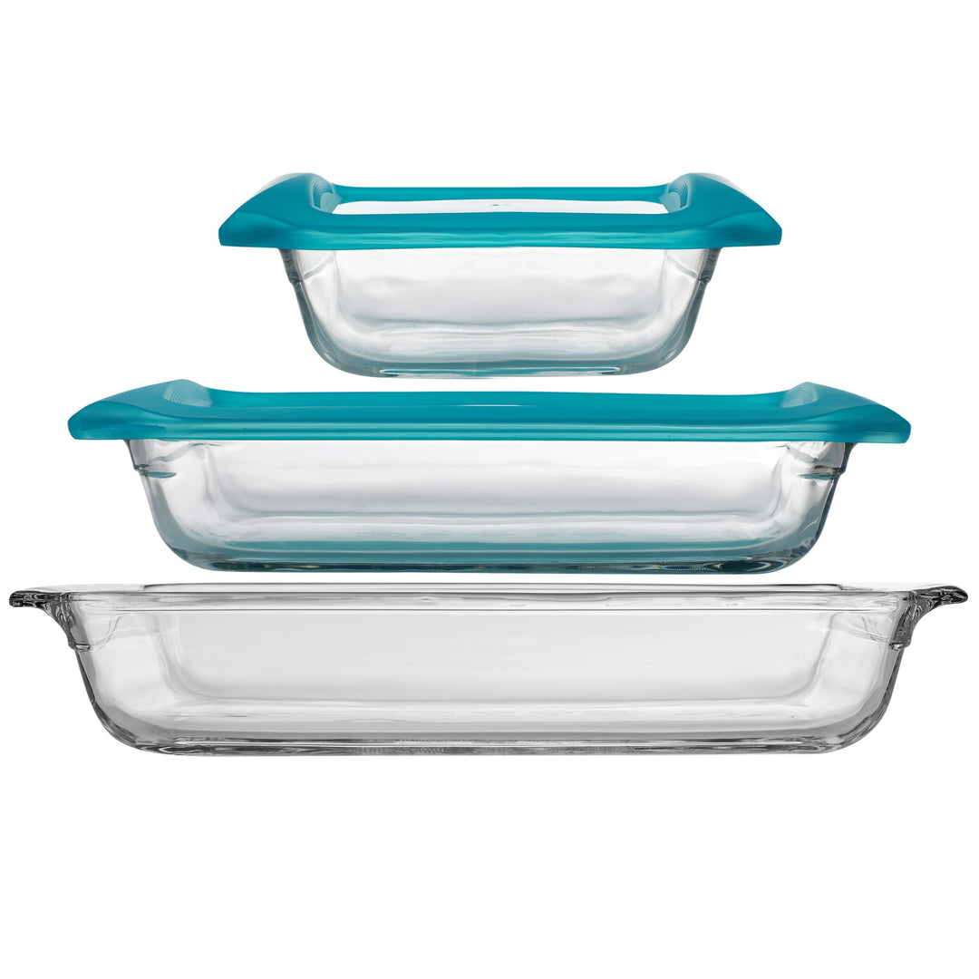 Complete 5-piece set includes a 10x14-inch (4.8-quart) glass baking dish, a 9x13-inch (4.2-quart) glass dish with plastic lid, and an 8x8-inch glass dish with plastic lid.