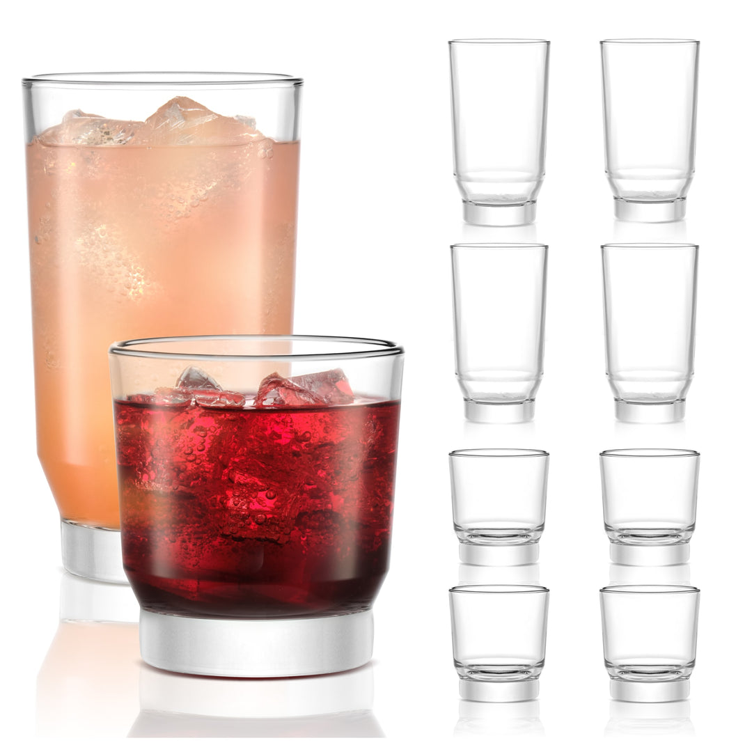 The Merida glassware set has a modern architectural design with a sleek silhouette and heavy sham, ideal for versatile everyday use, combining functionality with minimalist elegance