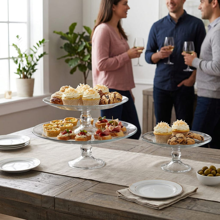 Contains 3 glass tiers each with a 4.8-inch tall glass base: 1 x 7.48-inch diameter, 1 x 10.63-inch diameter and 1 x 12.99-inch diameter
