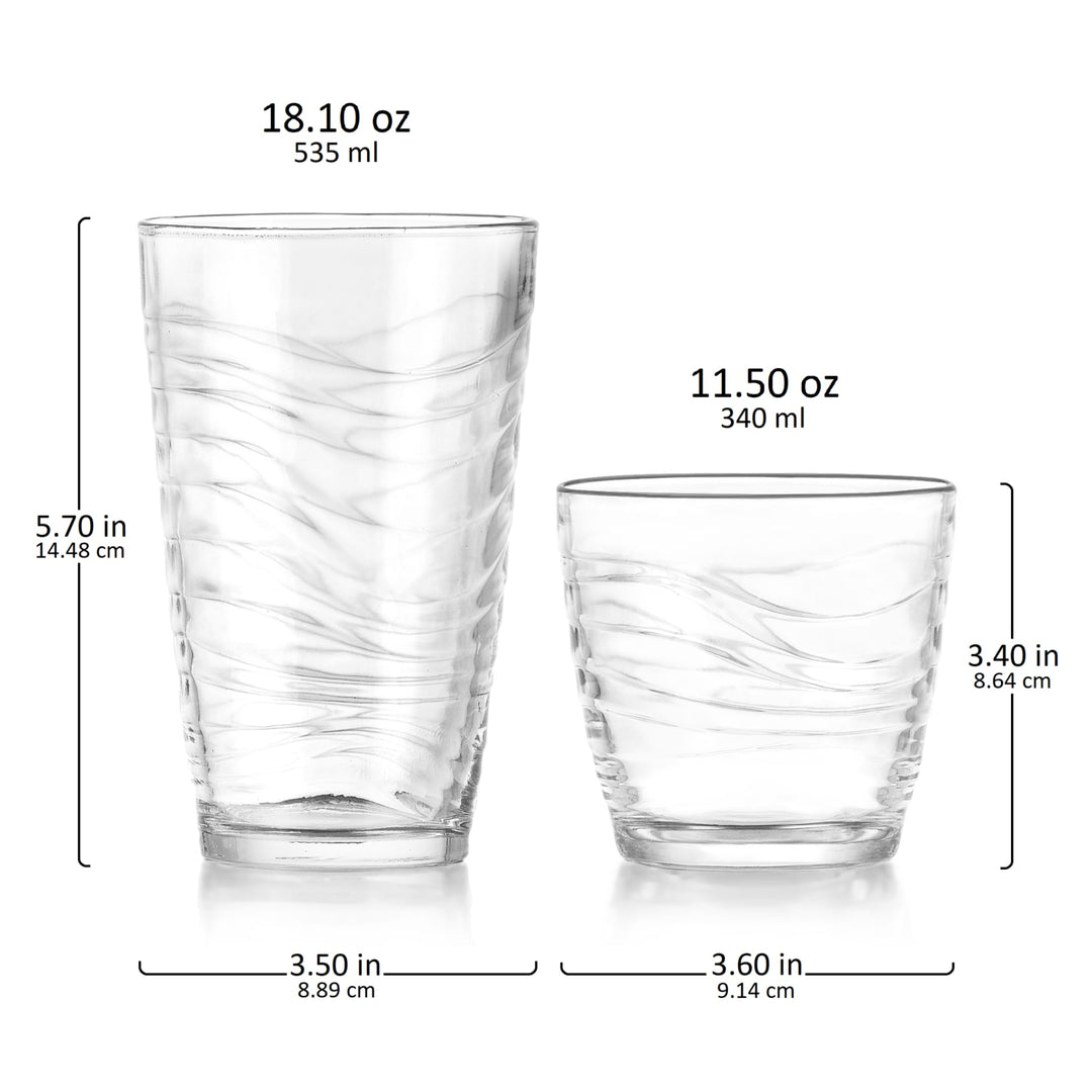 Includes 8, 18.1-ounce cooler glasses (3.5-inch max diameter by 5.7-inch height) and 8, 11.5-ounce rocks glasses (3.6-inch max diameter by 3.4-inch height)