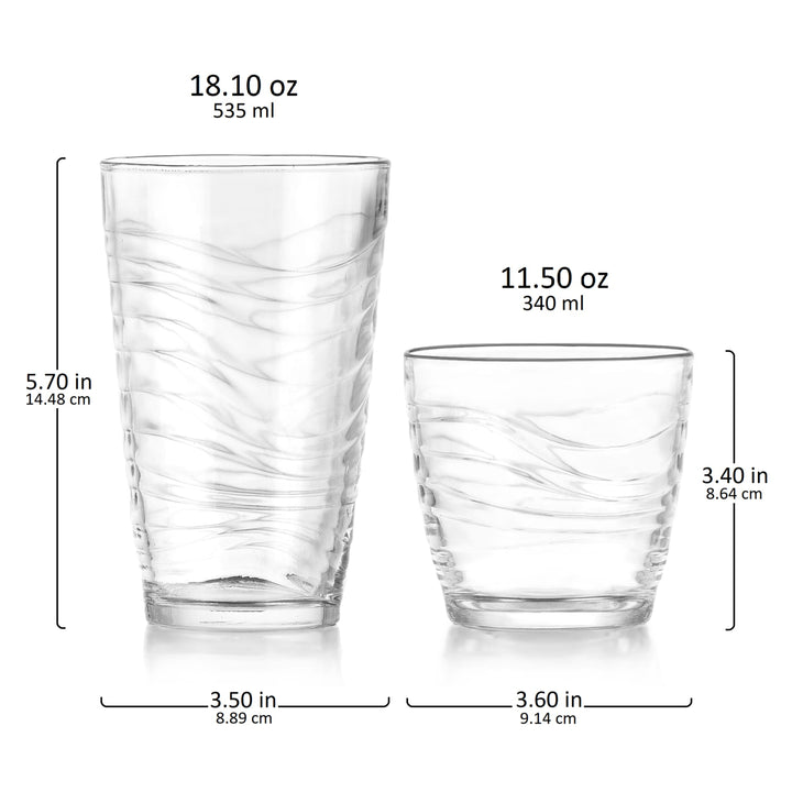 Includes 8, 18.1-ounce cooler glasses (3.5-inch max diameter by 5.7-inch height) and 8, 11.5-ounce rocks glasses (3.6-inch max diameter by 3.4-inch height)