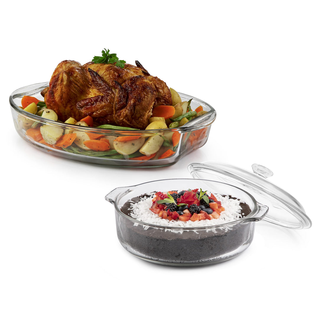 Revolutionary glass construction makes these versatile dishes safe for oven, microwave, refrigerator, and freezer; clear sides let you monitor baking