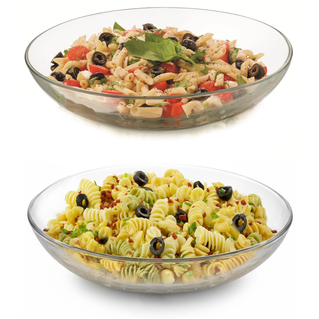 Set includes two large 12-inch wide and 2.5-inch tall coupe-style serving bowls perfect for salads, pastas, snacks, fruits, and shared dishes.