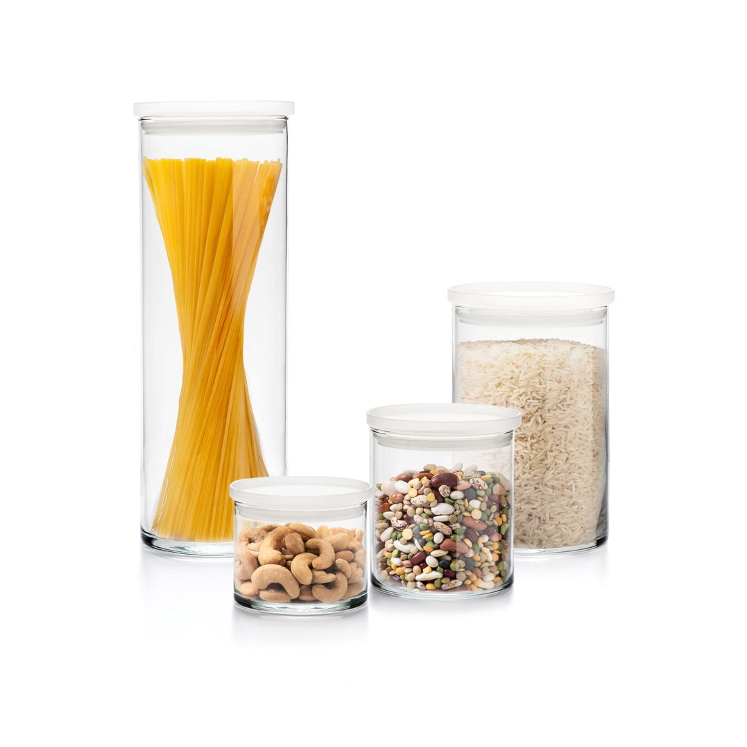 Glass stacking cylinder jars can be used to store dry goods in the kitchen or pantry or for organization around the house