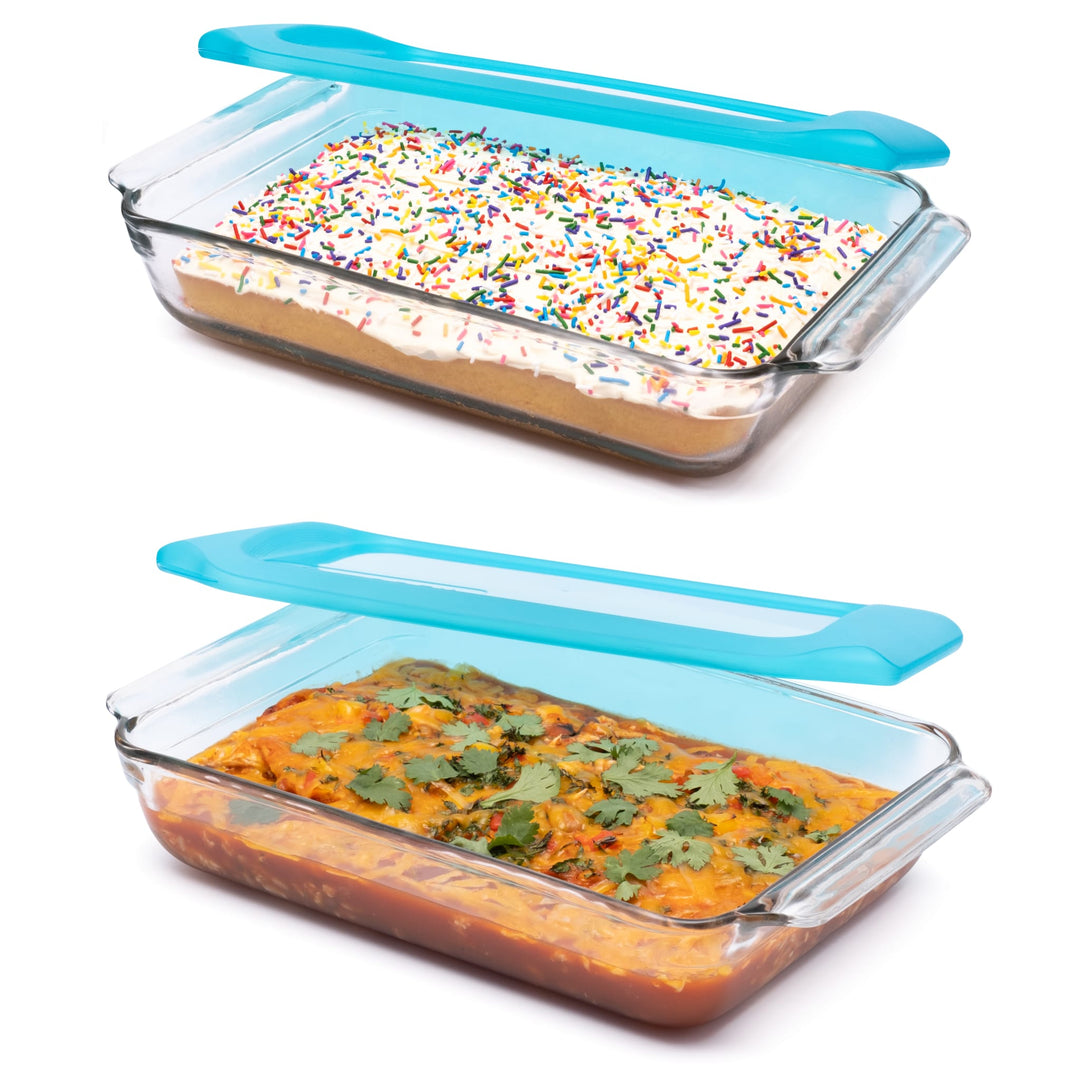Includes two 9x13-inch rectangle clear glass baking dishes, each with its own matching plastic lid.