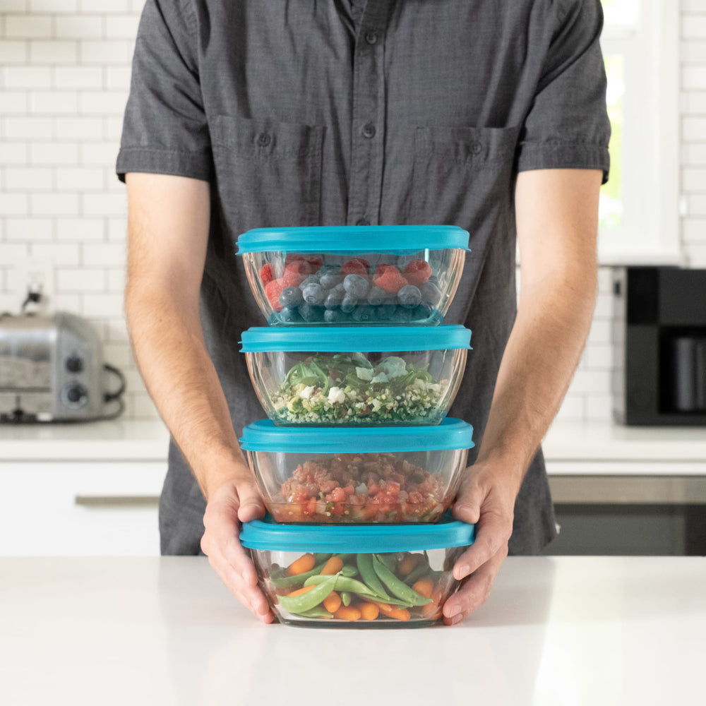 Durable glass is safe for the microwave, oven, freezer, and dishwasher.