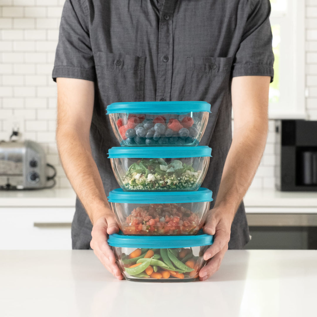 Durable glass is safe for the microwave, oven, freezer, and dishwasher.