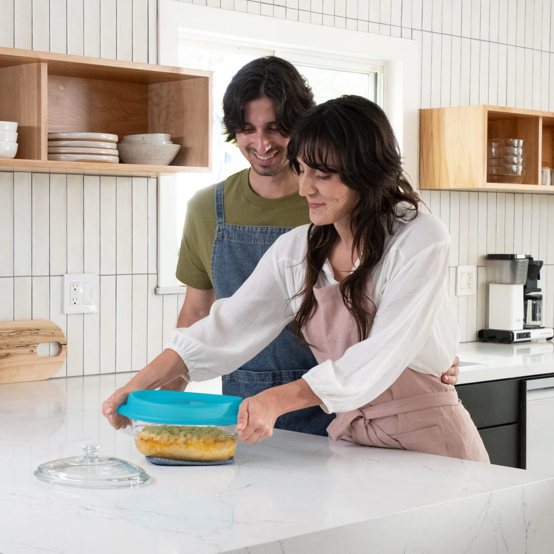 Durable 2-quart glass dish and glass lid are oven, microwave, freezer, and dishwasher safe.
