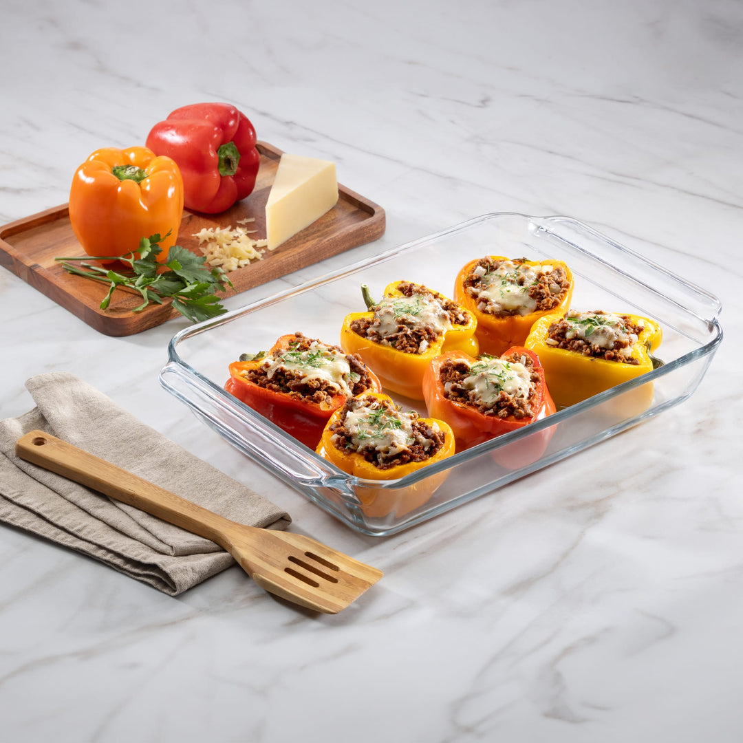 Patented stackable design allows dishes to nest together, saving space in cabinets, refrigerators, and freezers.