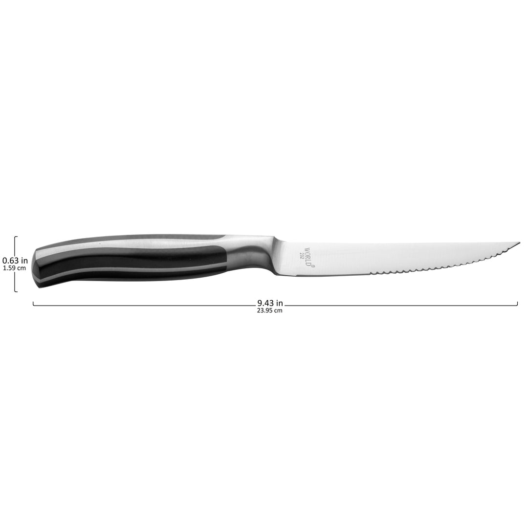 The knife features a sharp, pointed tip serrated stainless steel blade that effortlessly cuts through steak and other meats, ensuring a smooth and enjoyable dining experience