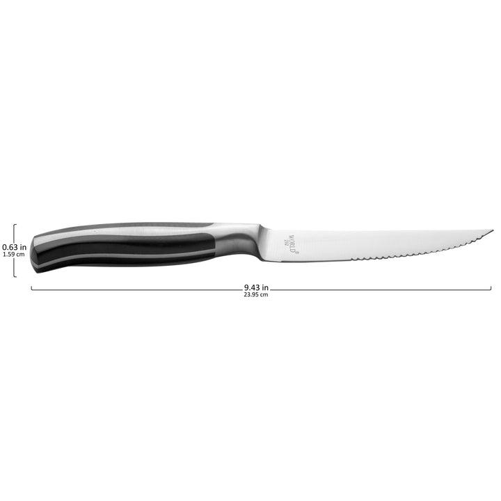 The knife features a sharp, pointed tip serrated stainless steel blade that effortlessly cuts through steak and other meats, ensuring a smooth and enjoyable dining experience