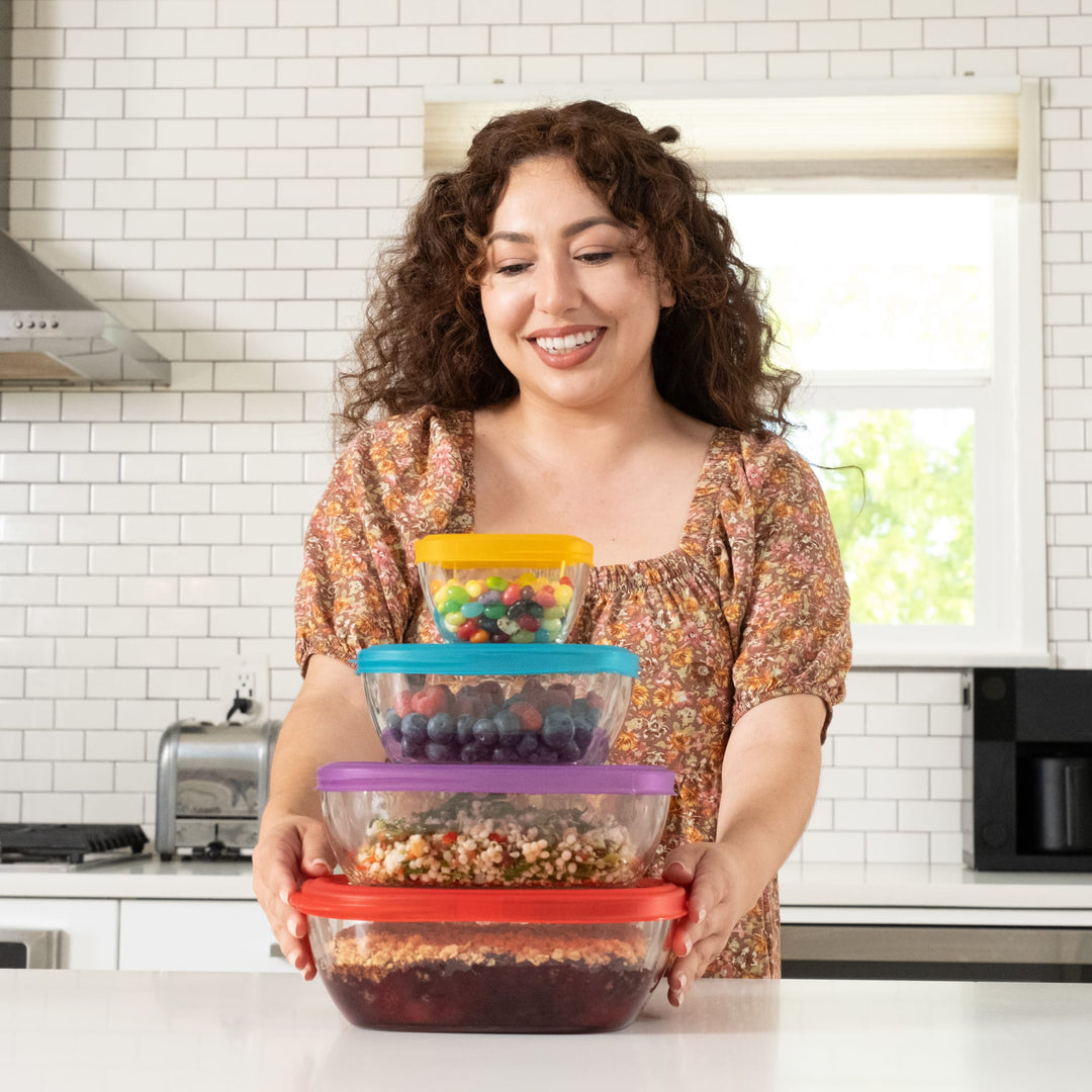 Colorful lids provide a tight seal to help keep food fresh and portable.