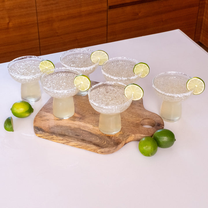 Stemless design and shallow bowl create lightweight, yet durable cocktail glasses to prevent spilling and breaking