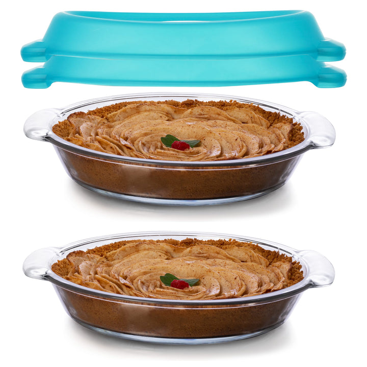 Includes two 9-inch round clear glass pie dishes, each with its own fitted plastic lid for storage and transport.