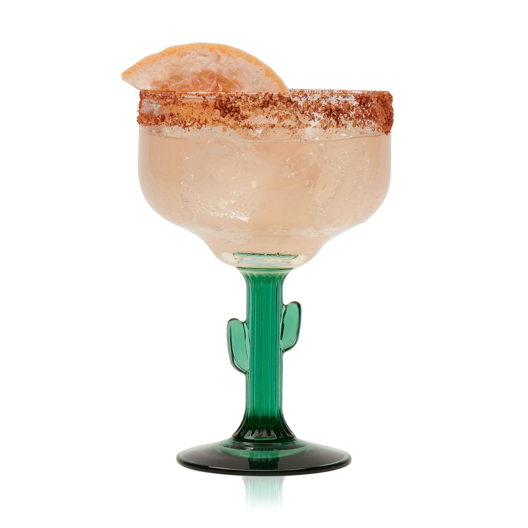 The cactus-shaped stem on these margarita glasses is infused with color, creating a unique look that won’t fade over time