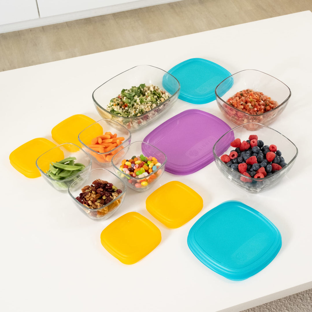 Libbey Serve It 14 Piece Glass Storage Container Set with 2 Cup, 6 Cup, and 8 Cup Bowls and Multi Color Lids