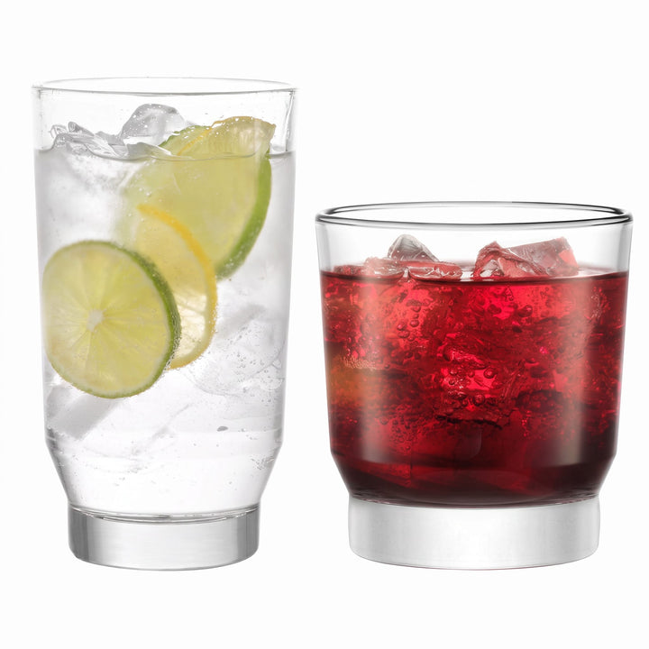 The Merida glassware set has a modern architectural design with a sleek silhouette and heavy sham, ideal for versatile everyday use, combining functionality with minimalist elegance