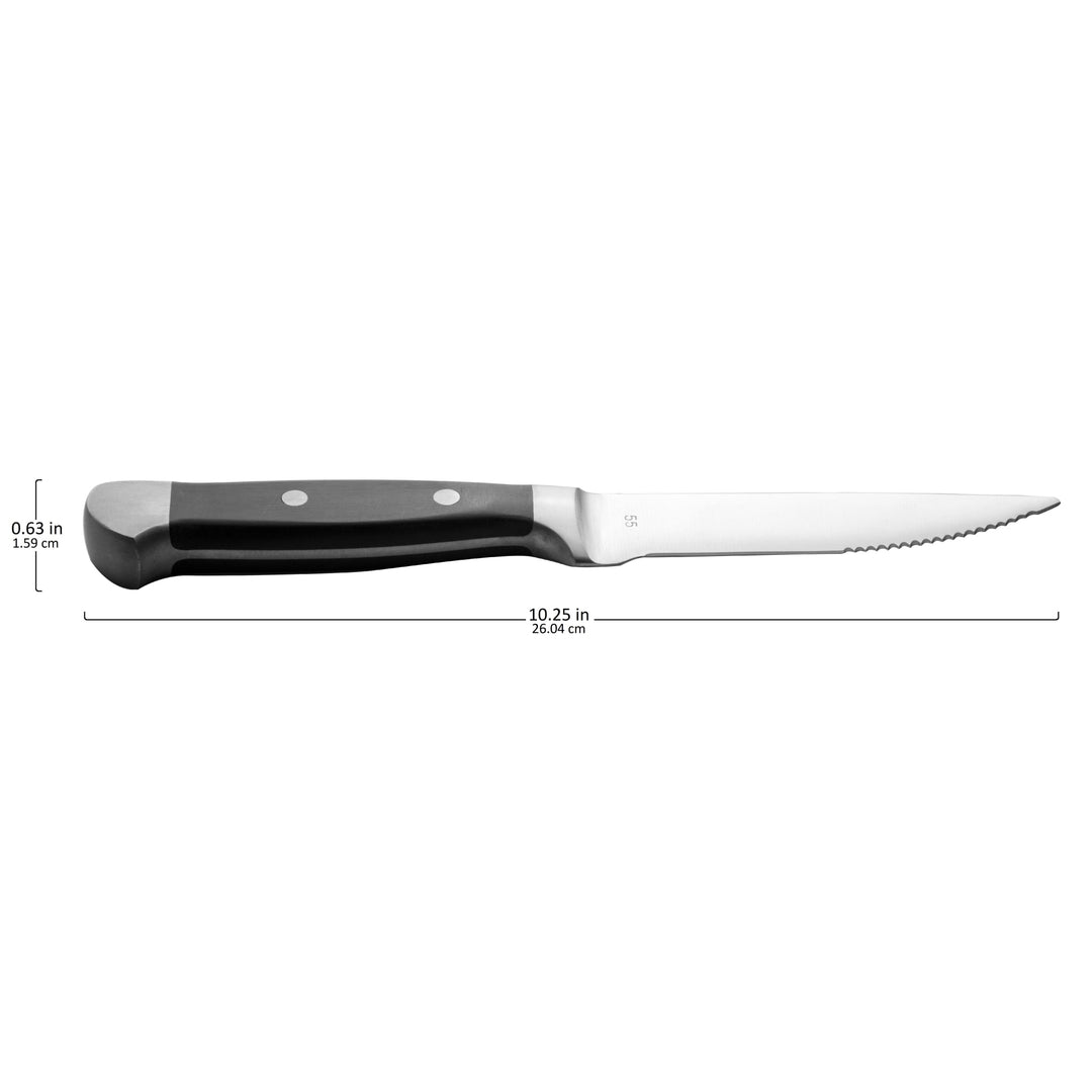 The knife features a sharp, rounded tip serrated stainless steel blade that effortlessly cuts through steak and other meats, ensuring a smooth and enjoyable dining experience