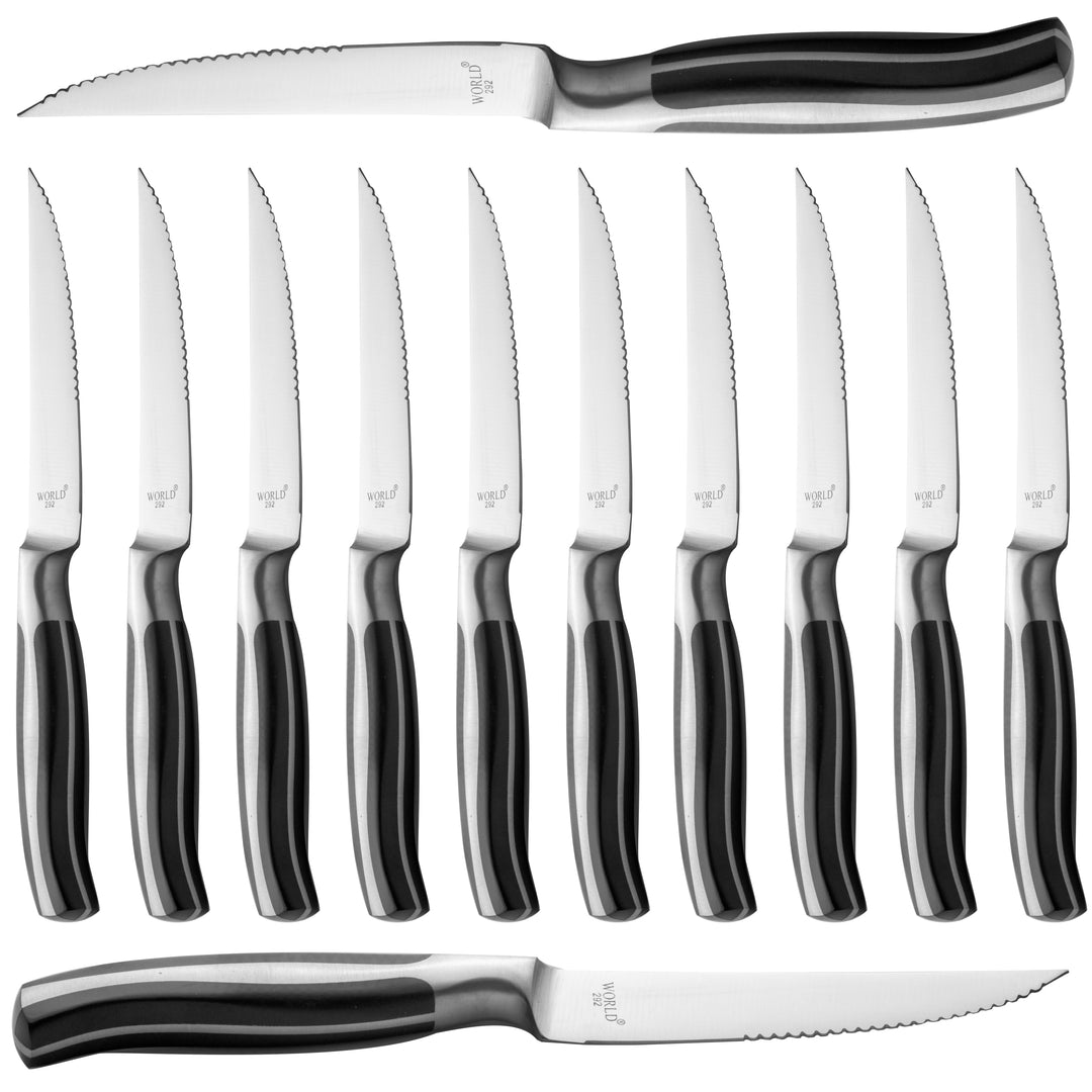 The knife features a sharp, pointed tip serrated stainless steel blade that effortlessly cuts through steak and other meats, ensuring a smooth and enjoyable dining experience