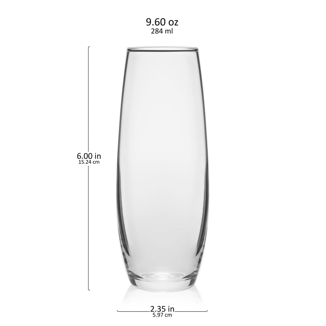 Includes six 9.6-ounce glasses (2.4-inch diameter x 6-inch height)