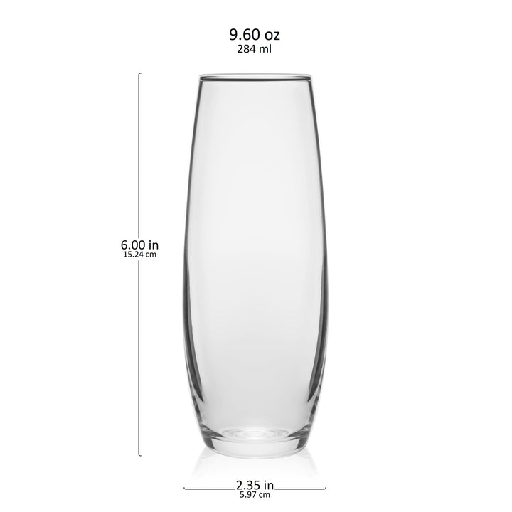 Includes six 9.6-ounce glasses (2.4-inch diameter x 6-inch height)