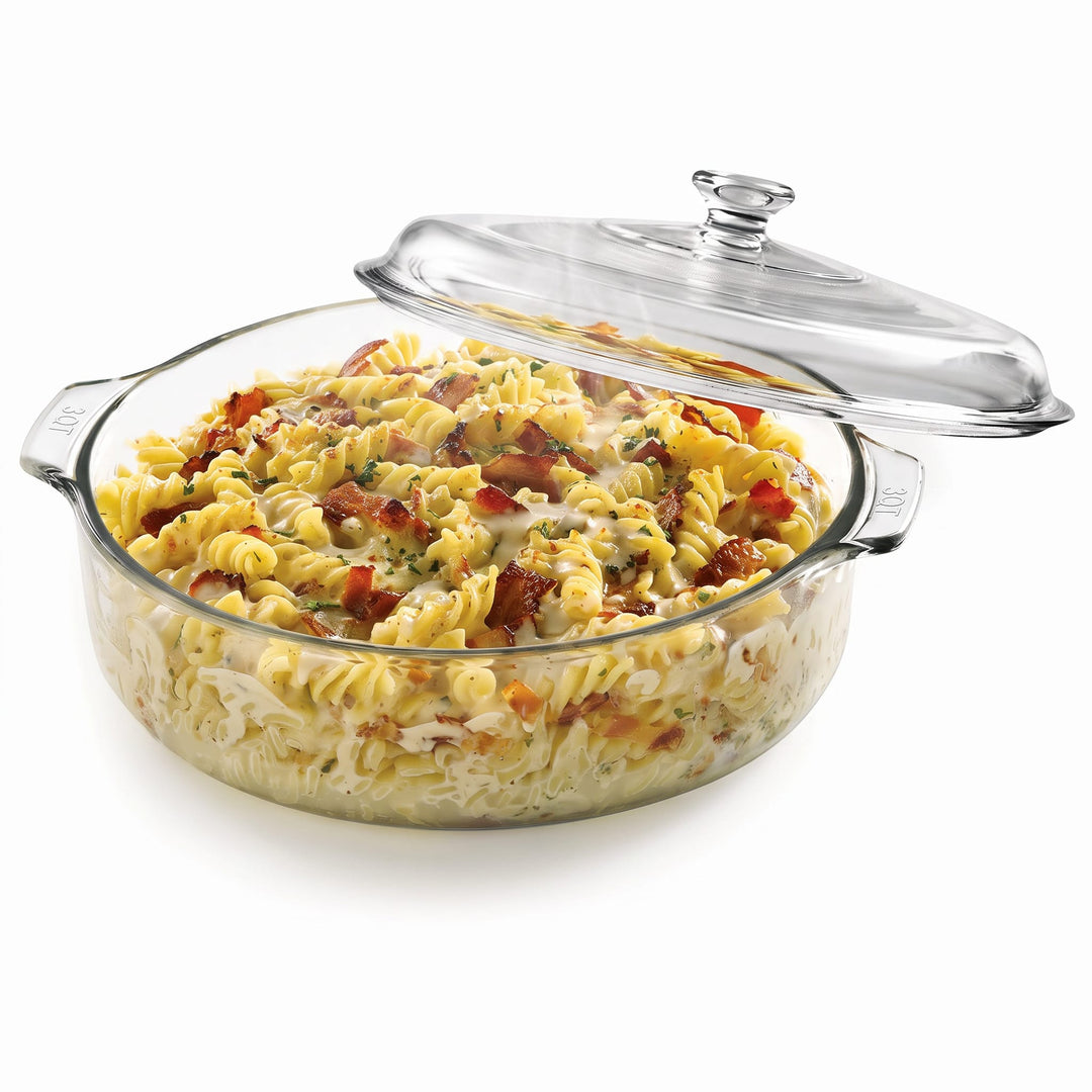 Revolutionary glass construction makes this versatile, large casserole dish with glass cover safe for oven, microwave, refrigerator, and freezer