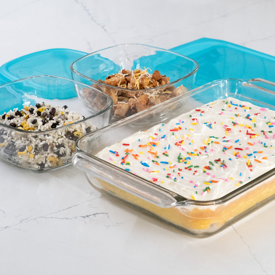 Durable glass is microwave, oven, freezer, and dishwasher safe for versatile everyday use.