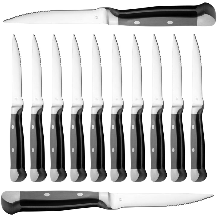 The knife features a sharp, rounded tip serrated stainless steel blade that effortlessly cuts through steak and other meats, ensuring a smooth and enjoyable dining experience