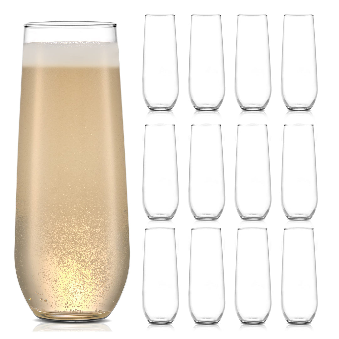 Easy-to-hold, stylish set of stemless champagne glasses for special occasions or everyday use — twelve 8.5-ounce flutes (2.25-inch diameter by 5.75-inch height)