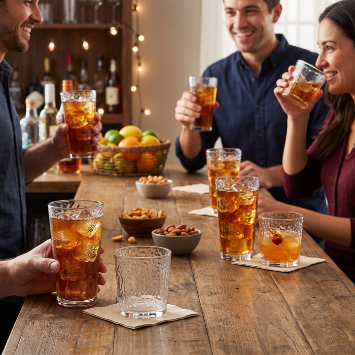 Includes 8, 16.2-ounce cooler/tumbler glasses and 8, 13.0-ounce rocks glasses
