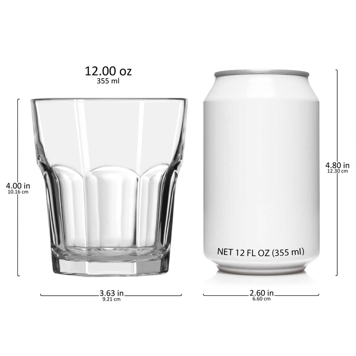 Includes 12, 12-ounce rocks glasses (4-inch height by 3.6-inch diameter)