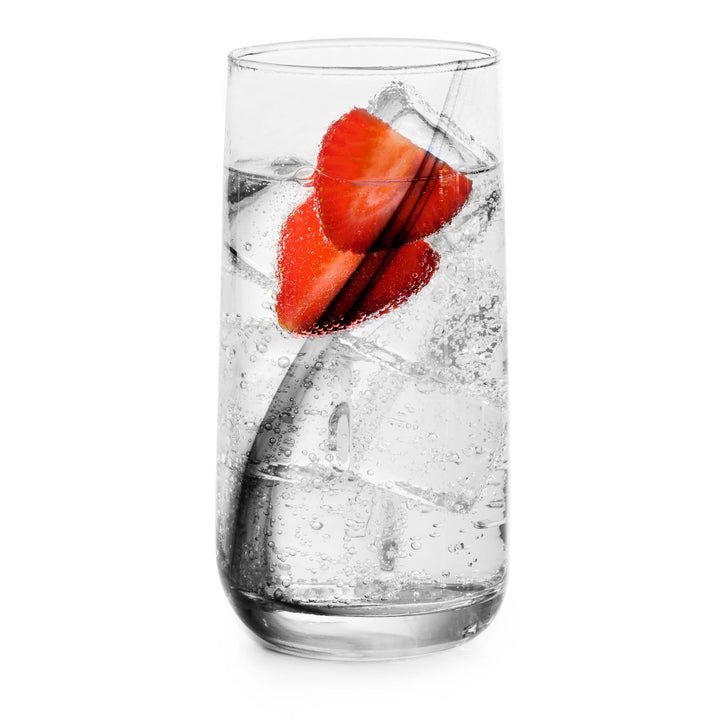 Includes eight large cooler glasses ideal for water, iced tea, cocktails, or everyday beverages.