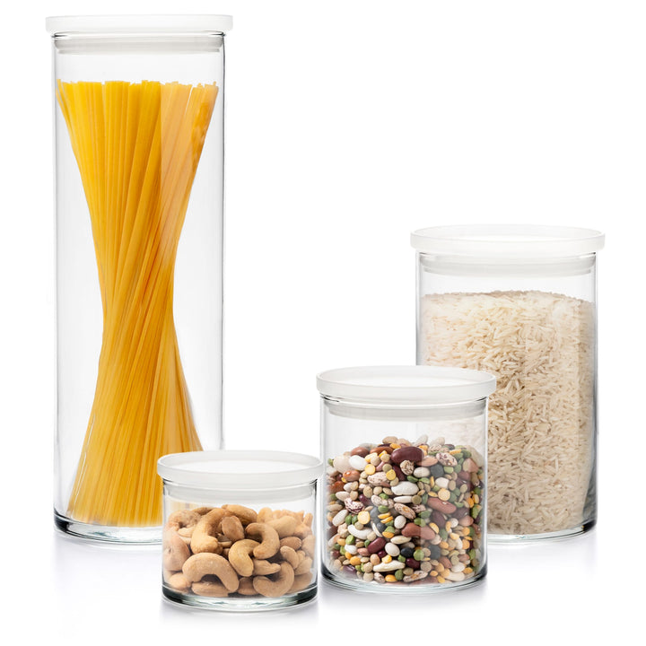 Glass stacking cylinder jars can be used to store dry goods in the kitchen or pantry or for organization around the house