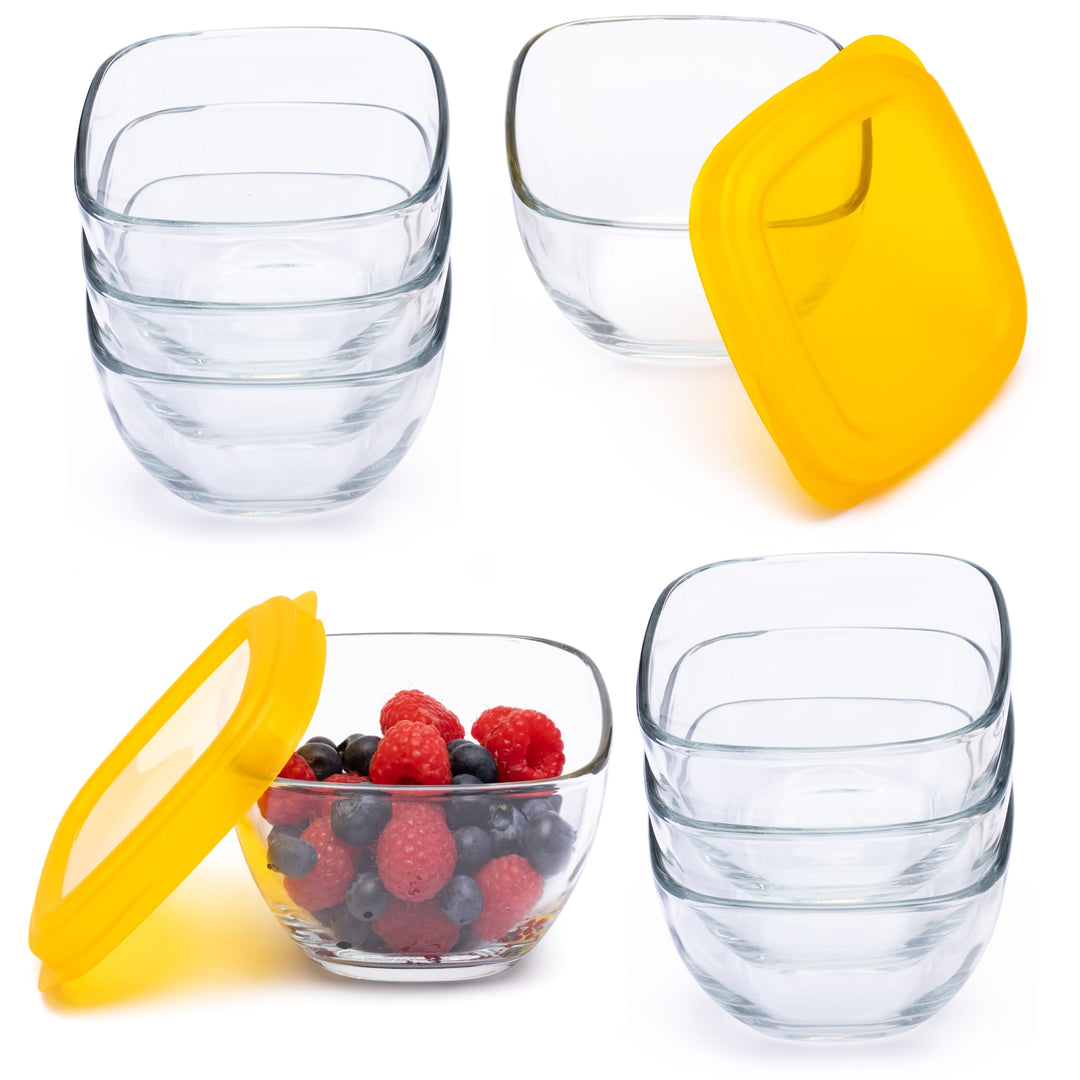 Includes eight 2-cup clear glass bowls with eight yellow semi-transparent plastic lids.
