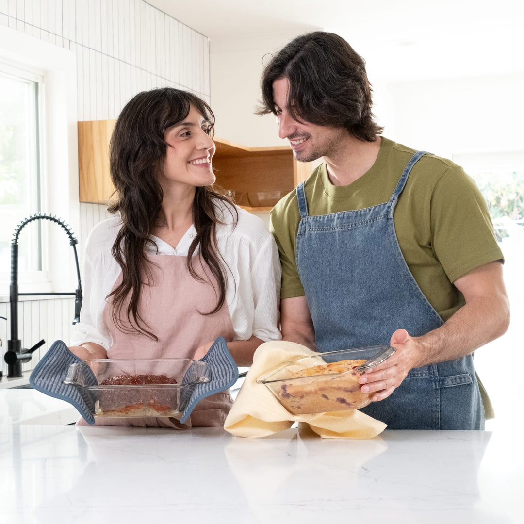 Trademarked GreatGrip™ handles provide a safe and comfortable hold when moving from oven to table.