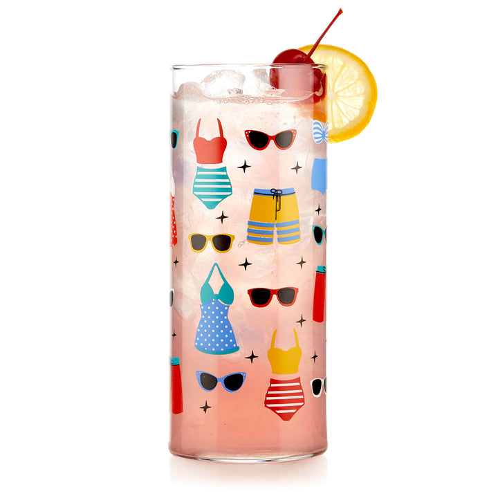 Vintage-inspired glasses with retro swimsuits adorned in rich pops of color