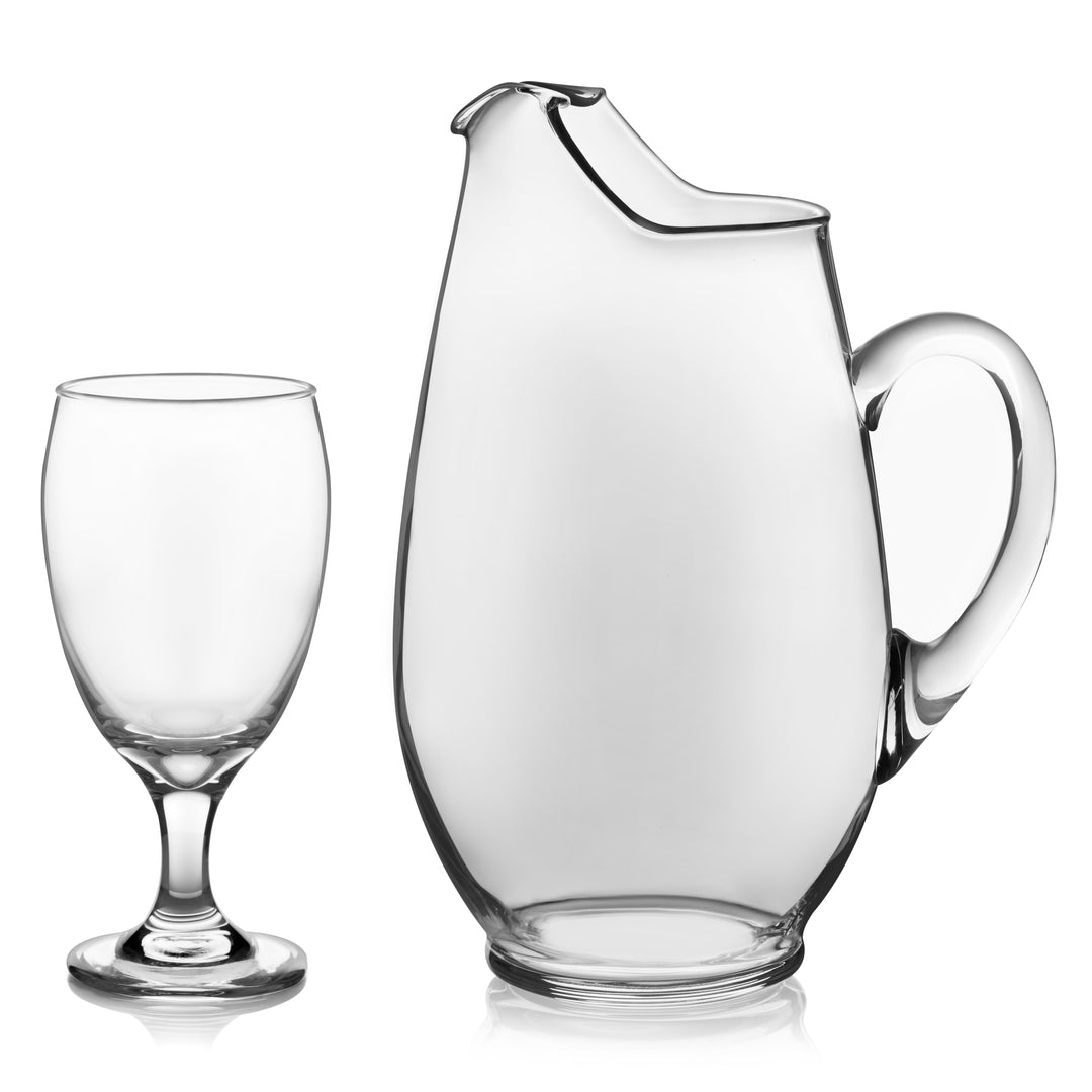 Includes 1, 90-ounce glass pitcher and 6, 16-ounce glass goblets