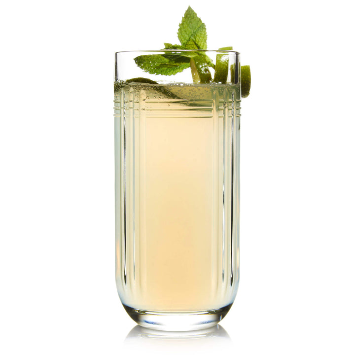 Highball glass inspired by the Art Deco features cut glass look and raised design, elevating mixed drinks, iced tea and soda