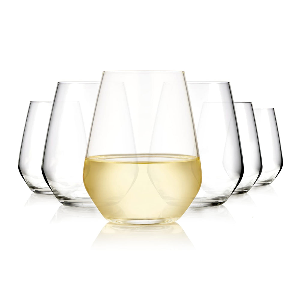 Versatile stemless wine glasses feature modern, angular bowl and thin walls